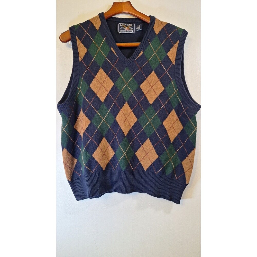 American Living Sweater Vest Large Wool Cotton Argyle Pullover V-Neck Mens